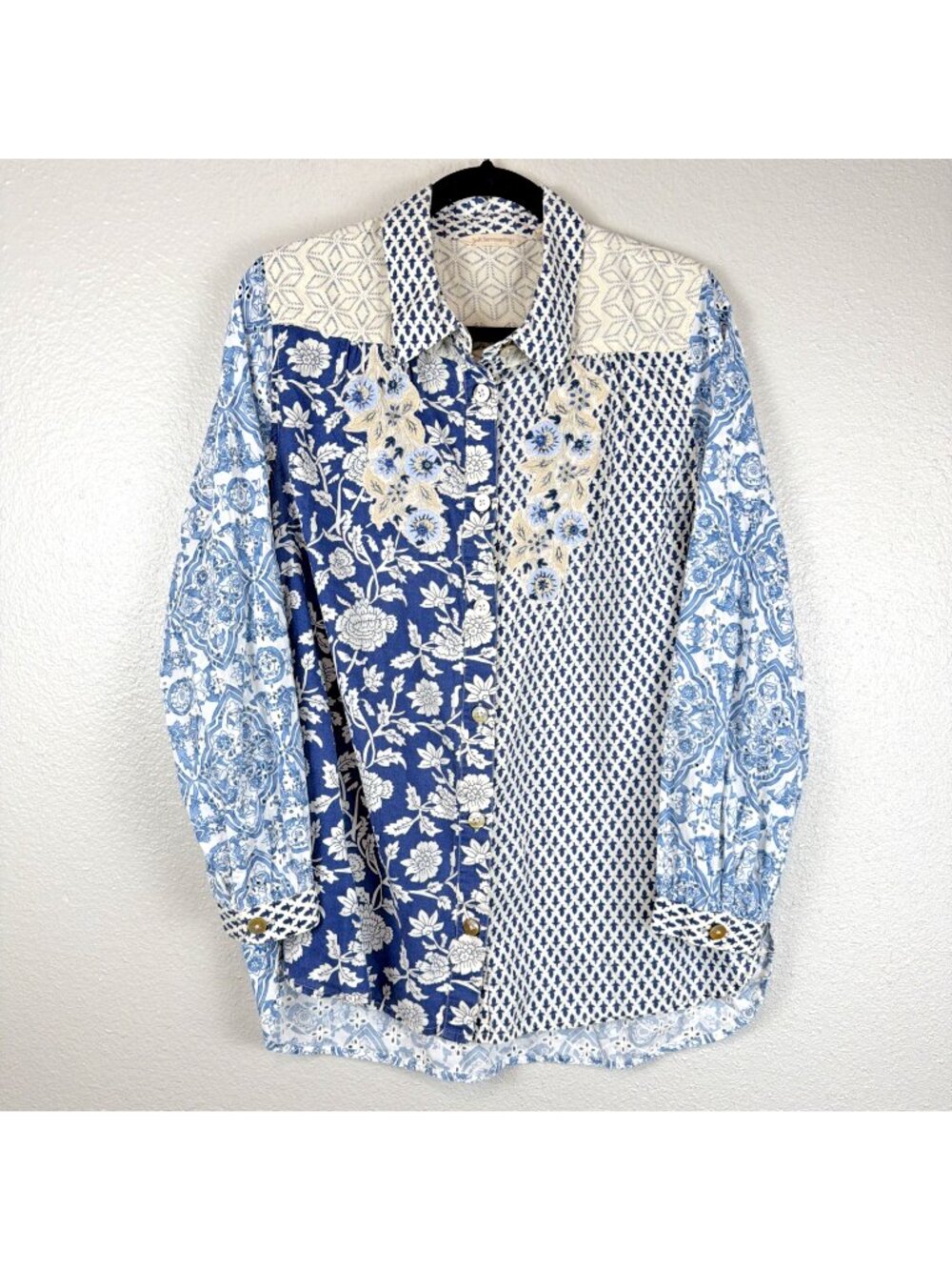 Soft Surroundings Patchwork Prairie Shirt Large Blue Floral Cottagecore Boho - Picture 1 of 11